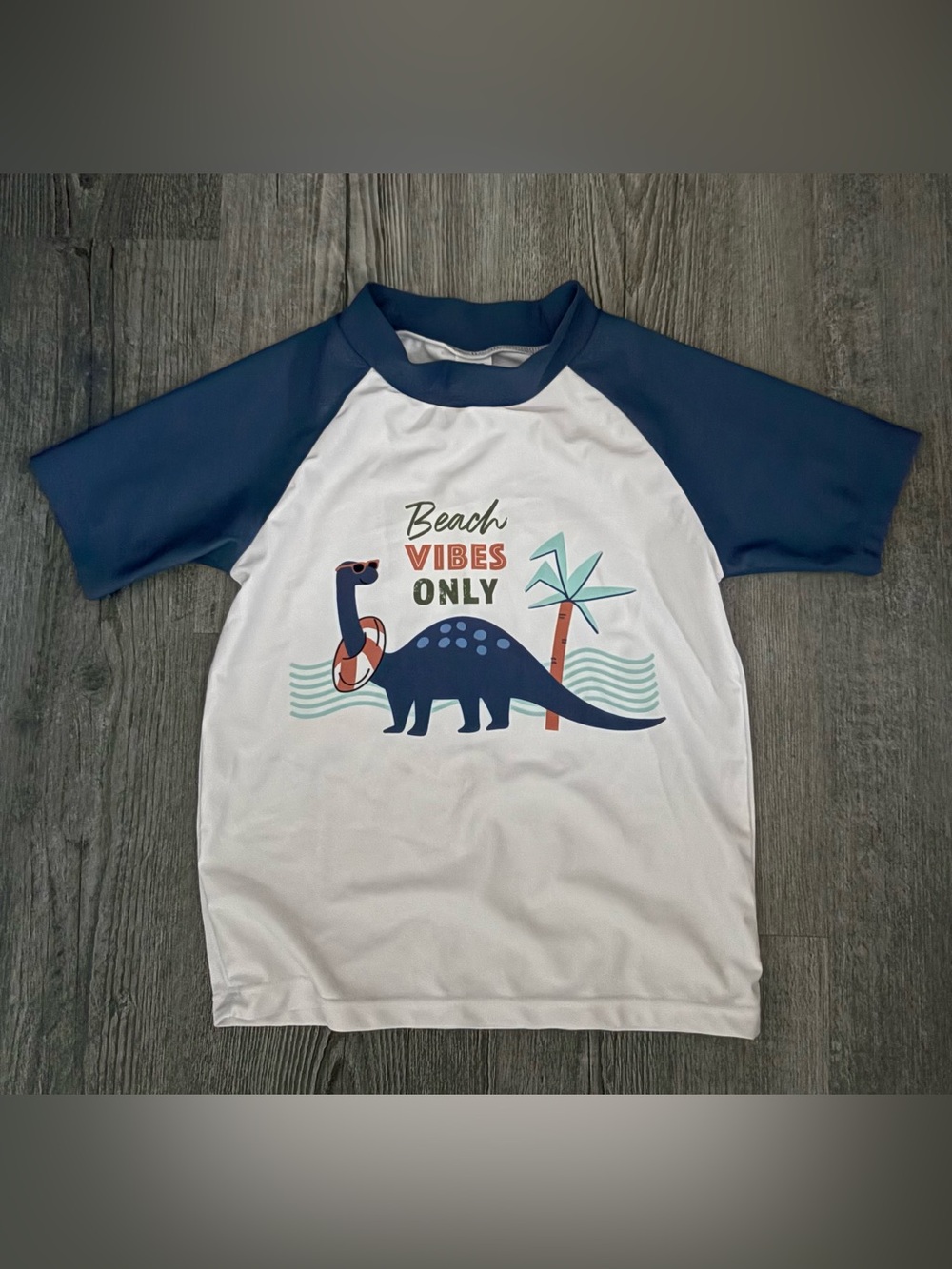 Kids Beach Vibes Dino Rash Guard Swim Shirt - Navy/White. Boys size 3T